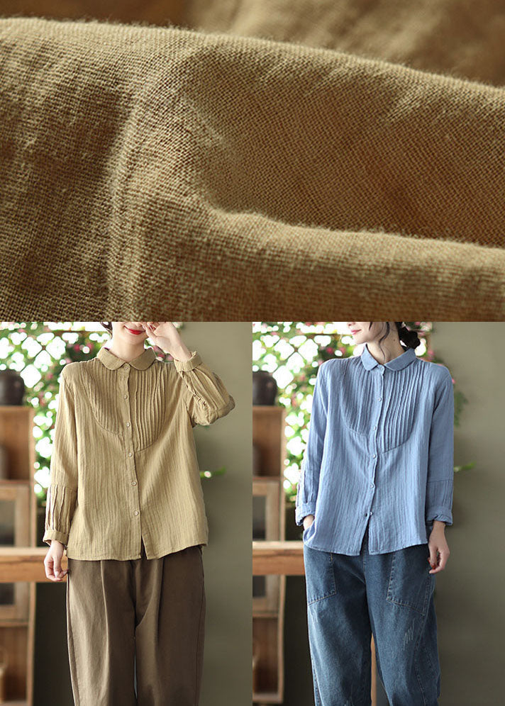 Khaki Peter Pan Collar Wrinkled Cotton Shirt Spring