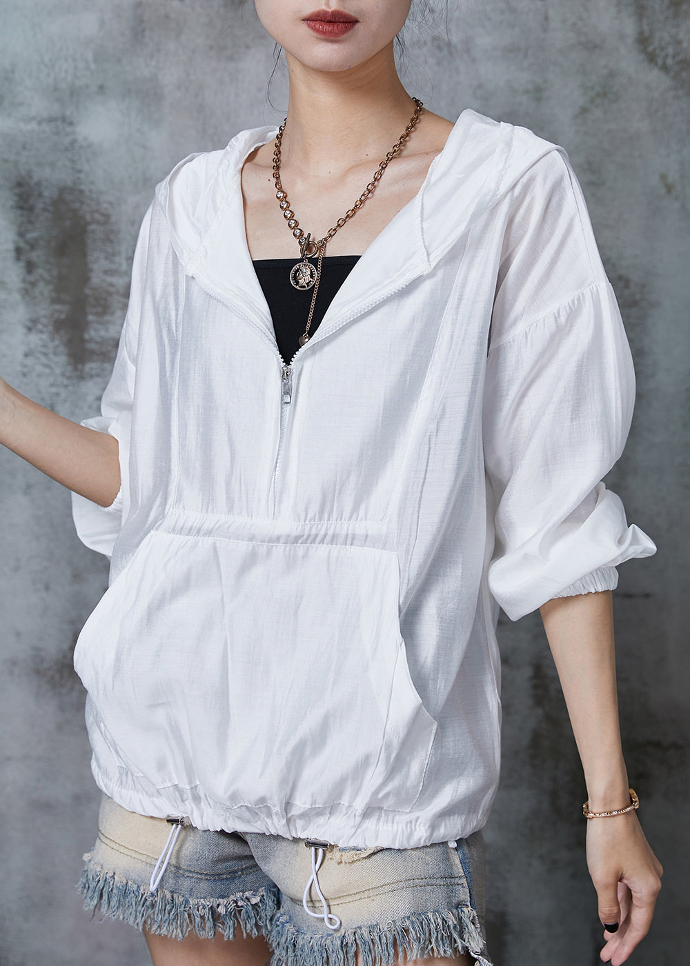 Modern White Hooded Drawstring Cotton Upf 50+ Sweatshirt Summer