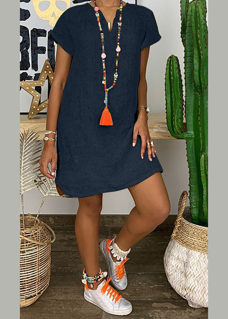 Simple Grey V Neck Loose Cotton Mid Dresses Summer