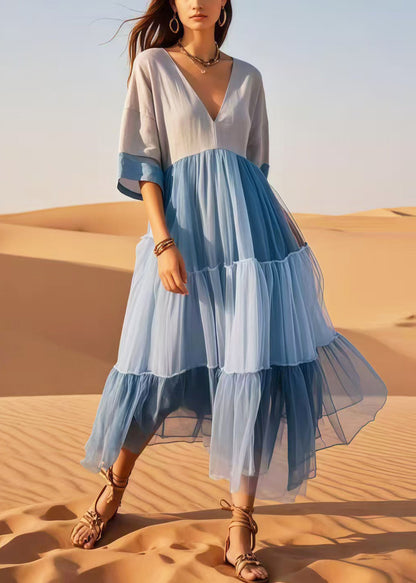 Colorblock V Neck Patchwork Cotton Dresses Summer