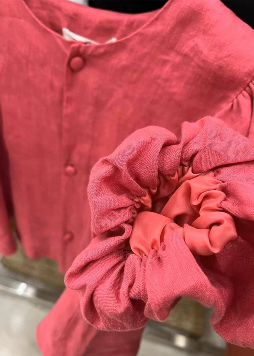 Simple Red Button O-neck Patchwork Cotton Shirts Puff Sleeve