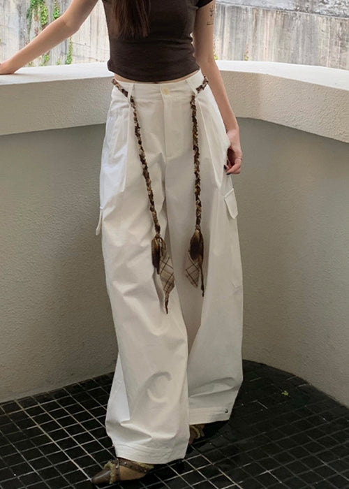 White Pockets High Waist Cotton Wide Leg Pants Fall
