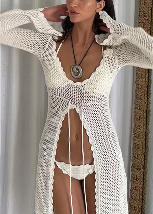 White Hollow Out Beach Knitted Cover Up