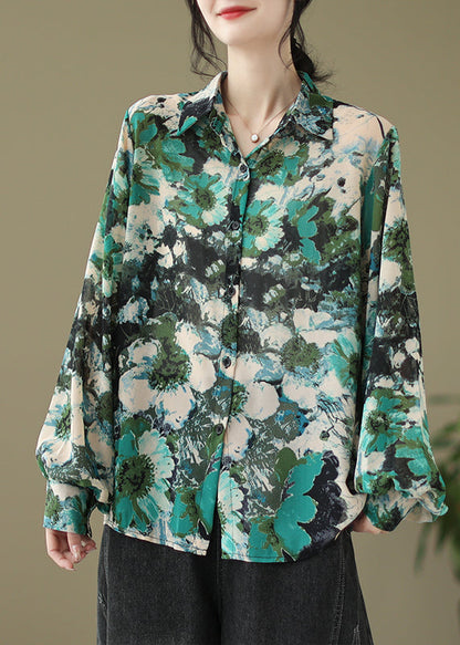 Green Peter Pan Collar Print Cotton Shirt Tops Fall
