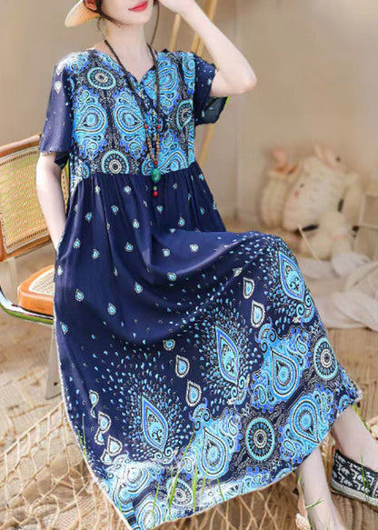 Loose Red V Neck Print Pockets Cotton Pajamas Dresses Summer