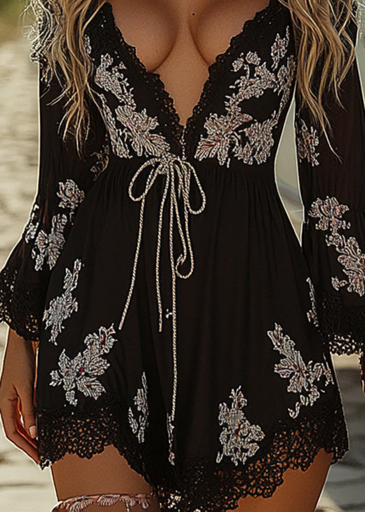 Black V Neck Print Lace Up Holiday Dress Fall