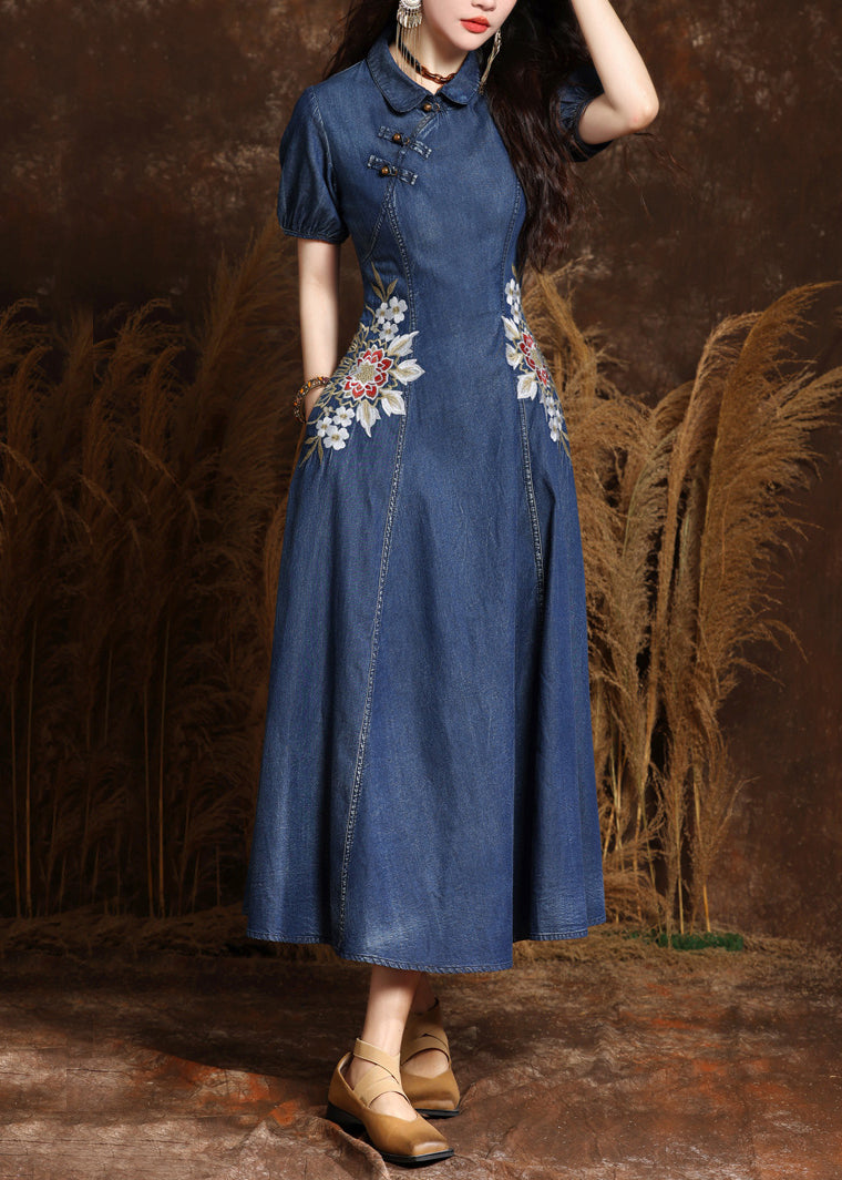 Navy Peter Pan Collar Embroidered Button Denim Maxi Dresses Summer