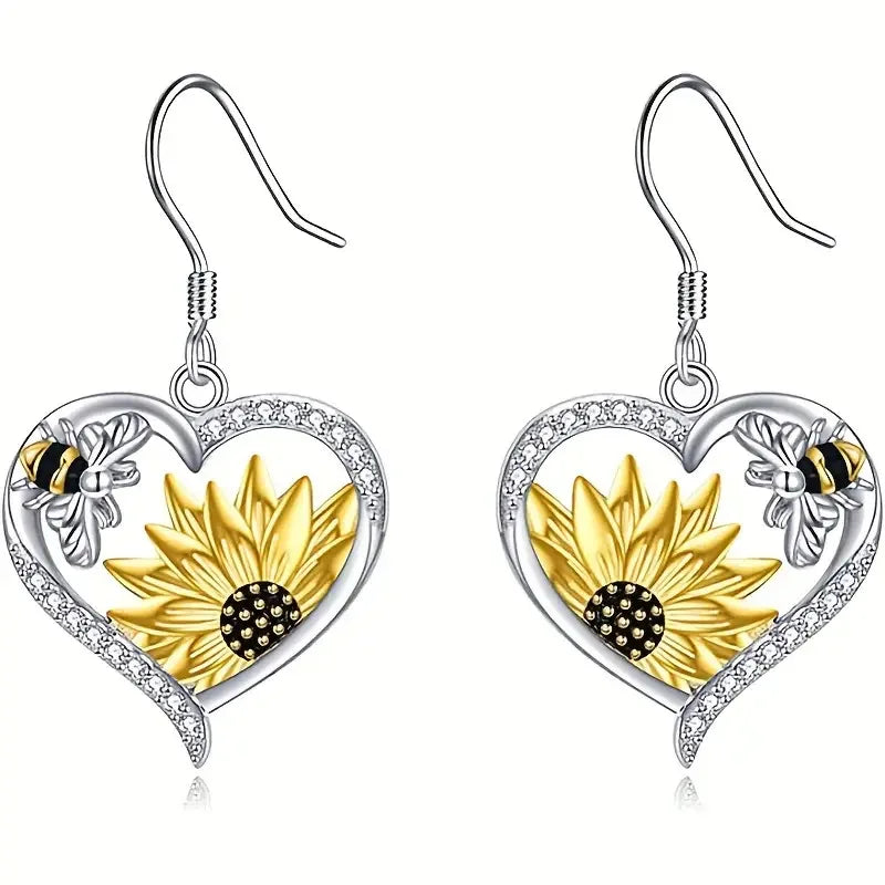 Sunflower & Bee Heart Dangle Earrings