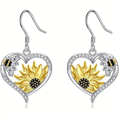 Sunflower & Bee Heart Dangle Earrings