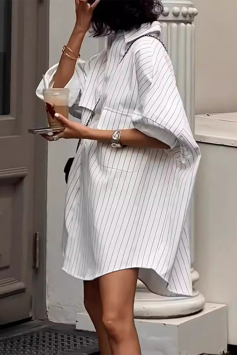 Striped Print Pocket Turndown Collar Tops