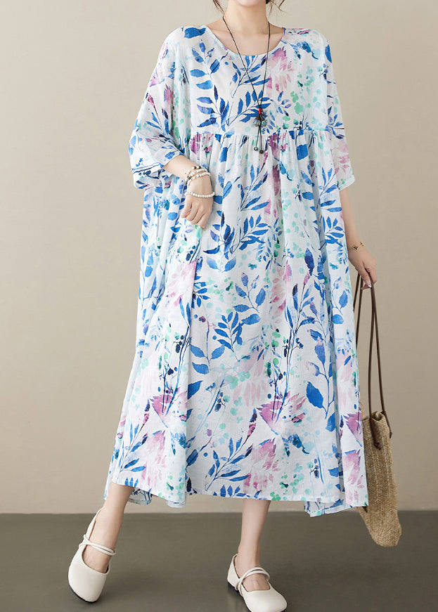 Blue O Neck Print Cotton Dress Summer