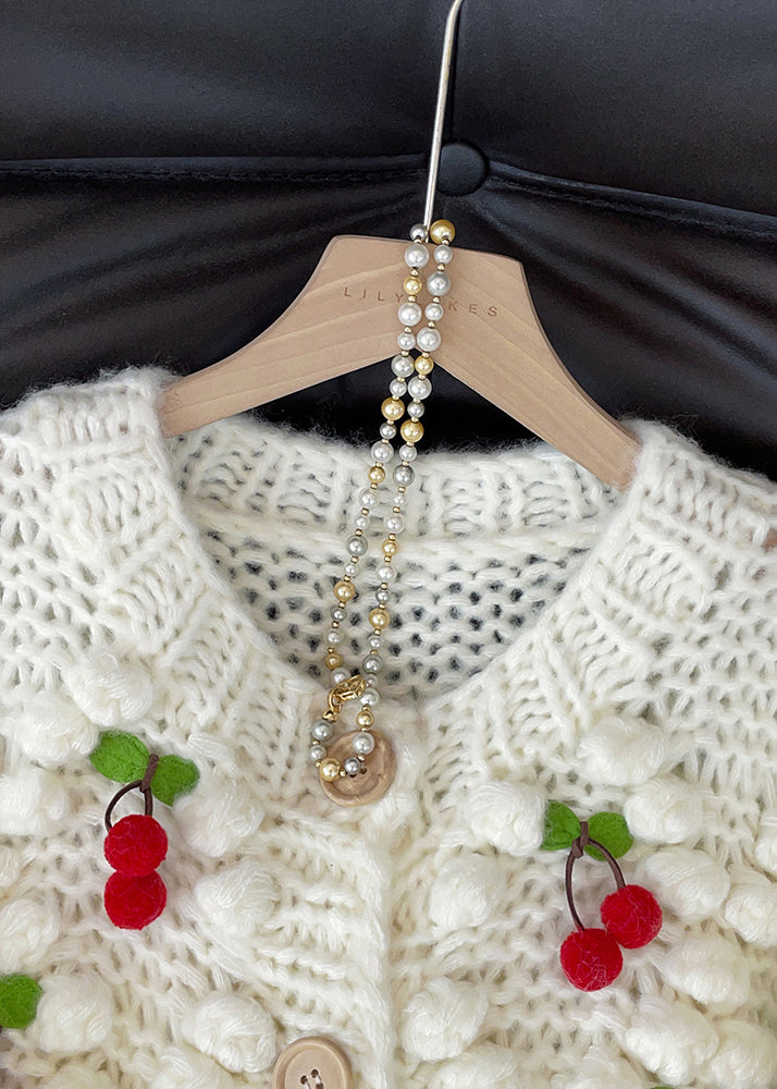 White Cherry Decorated Knit Cardigan Fall