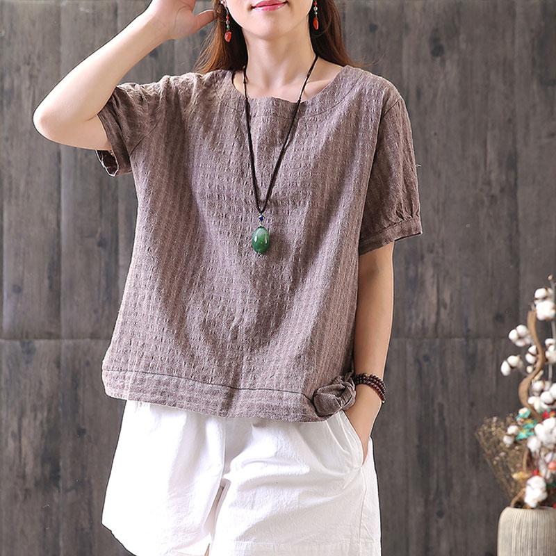 Cotton Tops Oversized Retro Lacing Cotton Linen Short Sleeve Pullover T Shirt