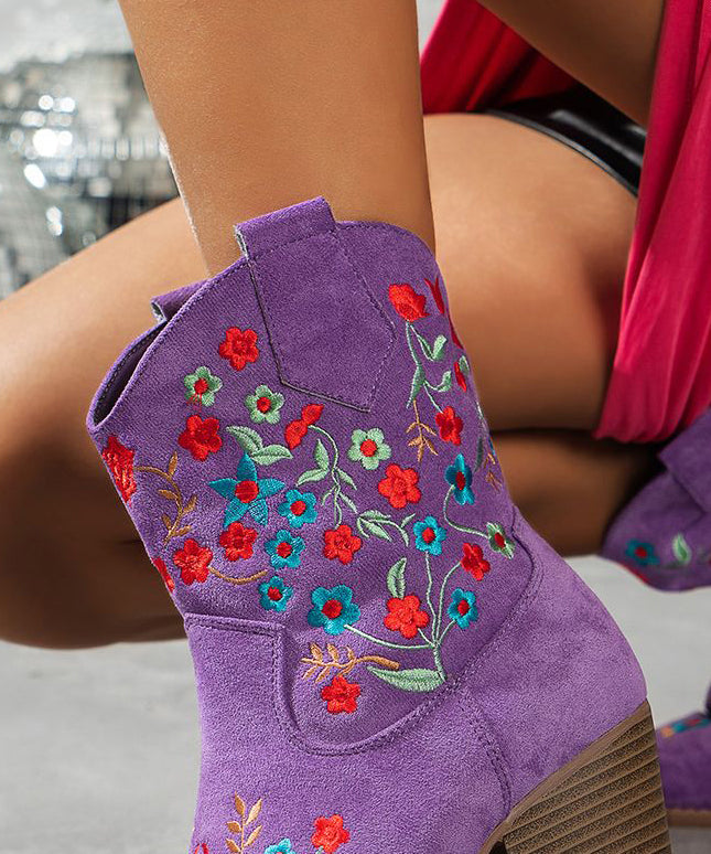 Purple Pointed Embossed Boots Suede Chunky Ankle Boots