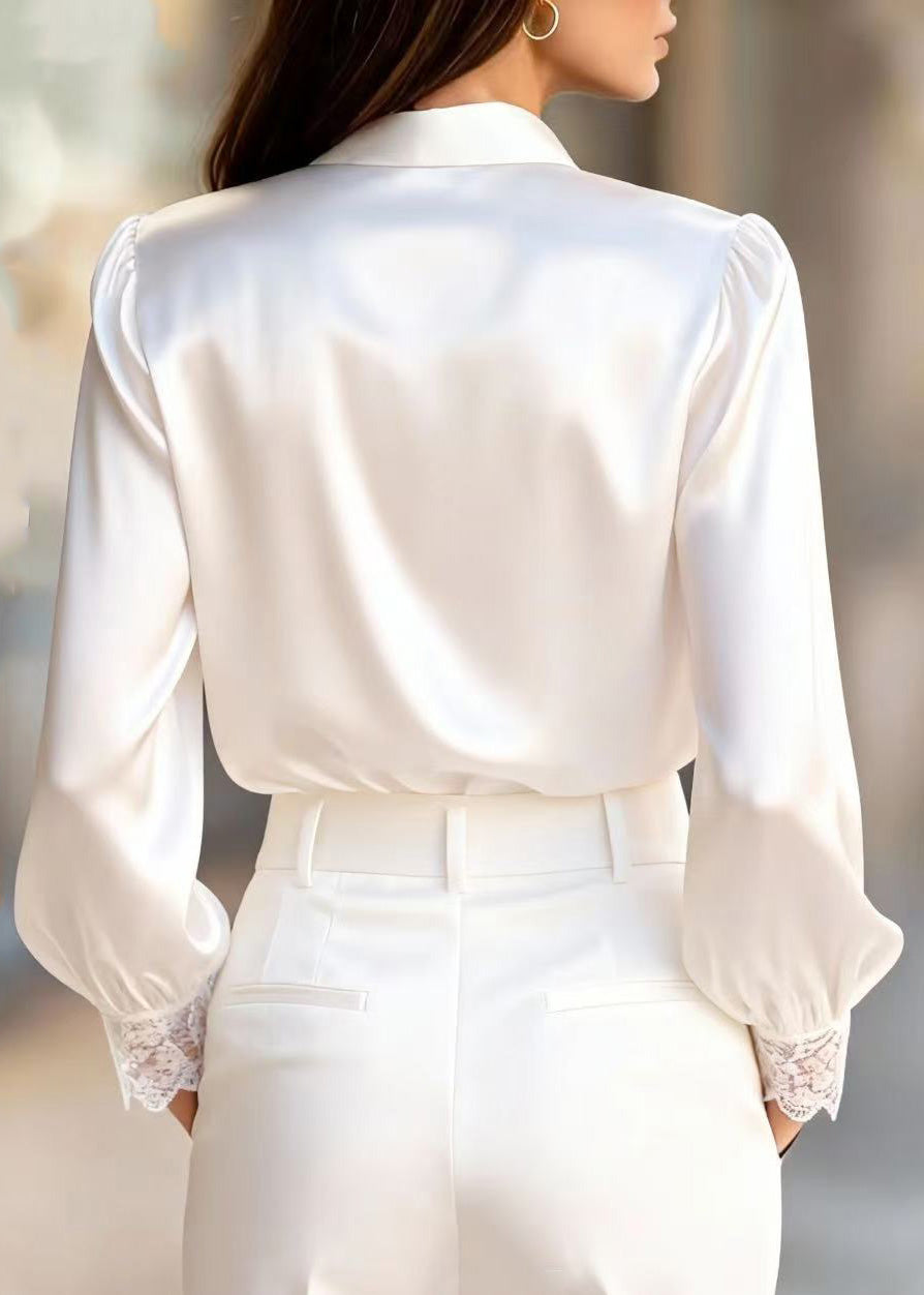Unique White V Neck Lace Patchwork Silk Shirt Spring