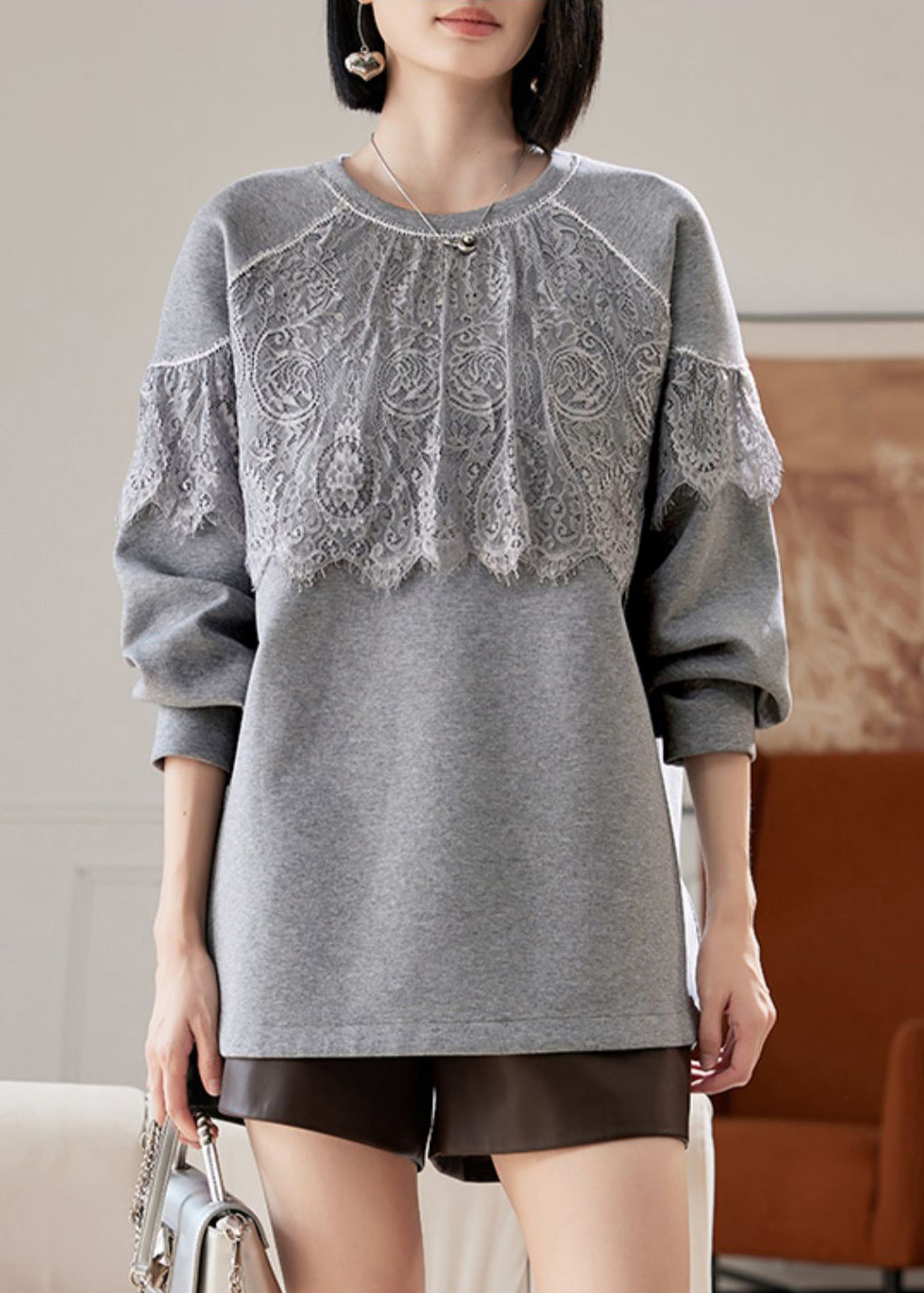Grey O Neck Lace Patchwork Cotton Sweatshirts Spring