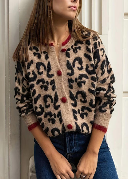 Style Leopard O Neck Button Knit Loose Coat Fall