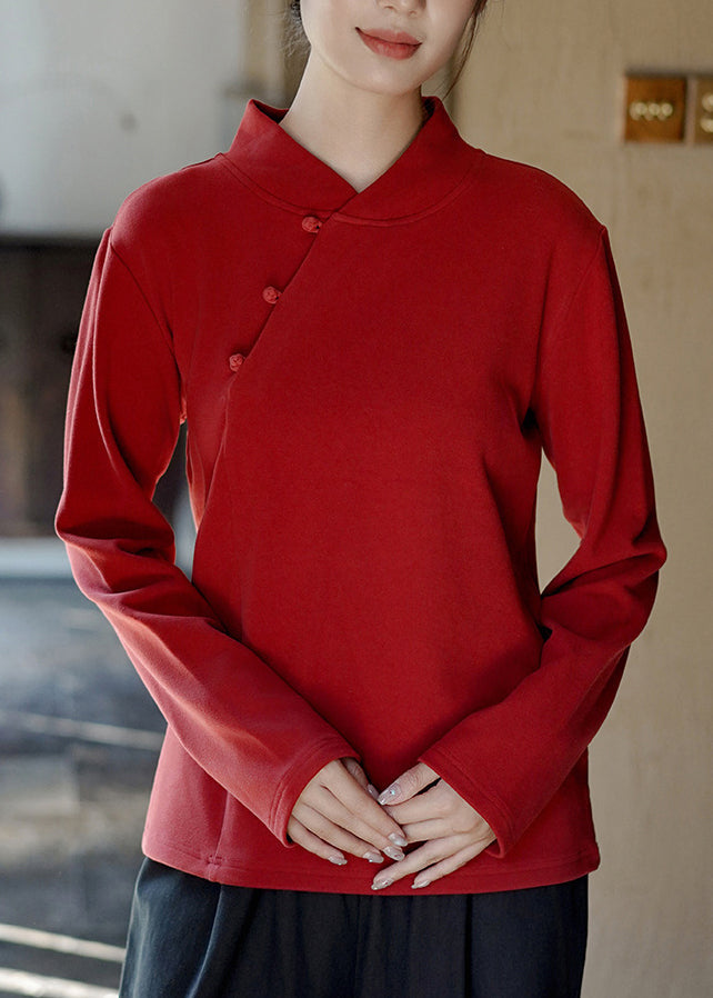 Red Stand Collar Warm Cotton Shirt Spring