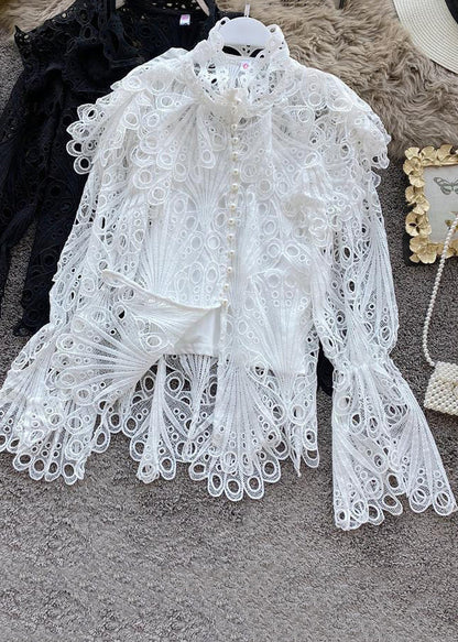 White Turtleneck Embroidered Lace Shirts Flare Sleeve