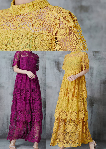 French Purple Lace Party Dress Stand Collar Summer