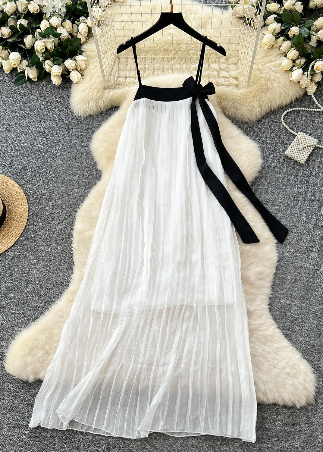 White Bow Patchwork Chiffon Pleated Cami Dress Summer