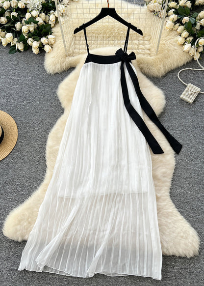 White Bow Patchwork Chiffon Pleated Cami Dress Summer