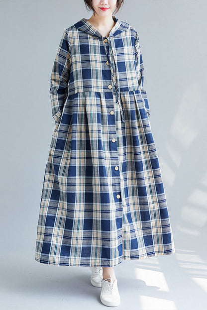Cotton Linen Plaid Dress Hooded Cardigan