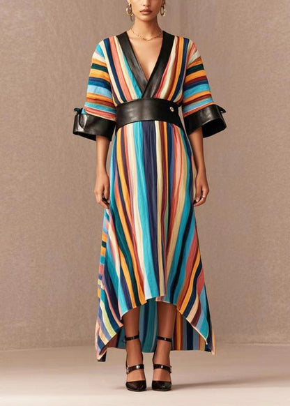 Rainbow Cinched Patchwork Pu Cotton Long Dress Summer