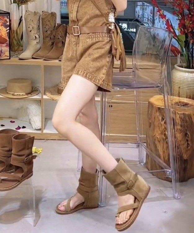 Brown Hollow Out Wedge Thong Sandals Boots