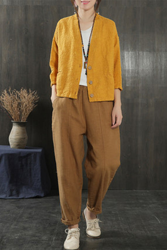 V-neck Cotton & Linen Thin Long-sleeved Jacket