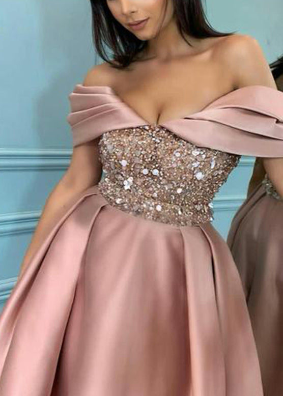 New Pink Cold Shoulder Sequins Silk Party Dress Fall