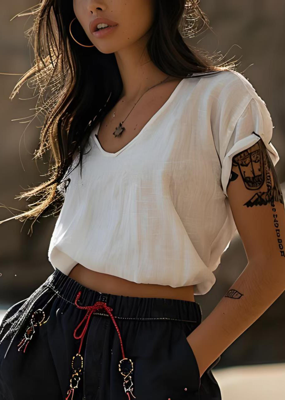 Stylish White V Neck Cotton Short T Shirts Tops Summer