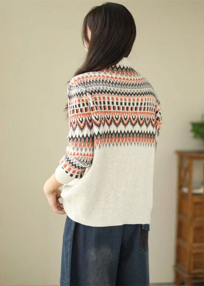Beige Turtle Neck Thick Print Knit Sweater Tops Winter