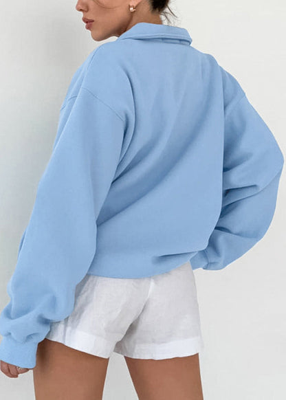 Stylish Blue Peter Pan Collar Cotton Sweatshirts Top Fall