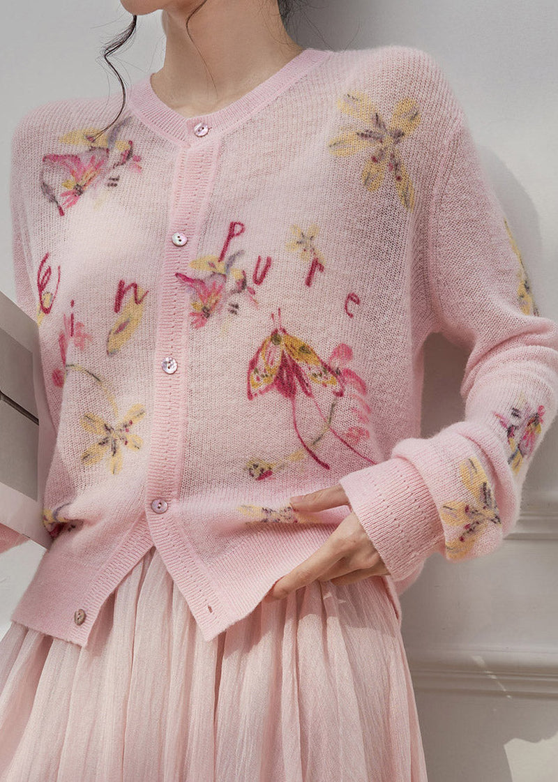 Pink O-neck Print Button Knit Cardigans Spring
