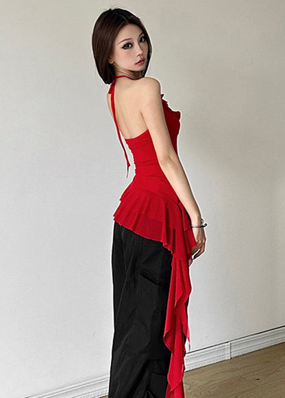 Slim Fit White V Neck Patchwork Backless Vest Summer