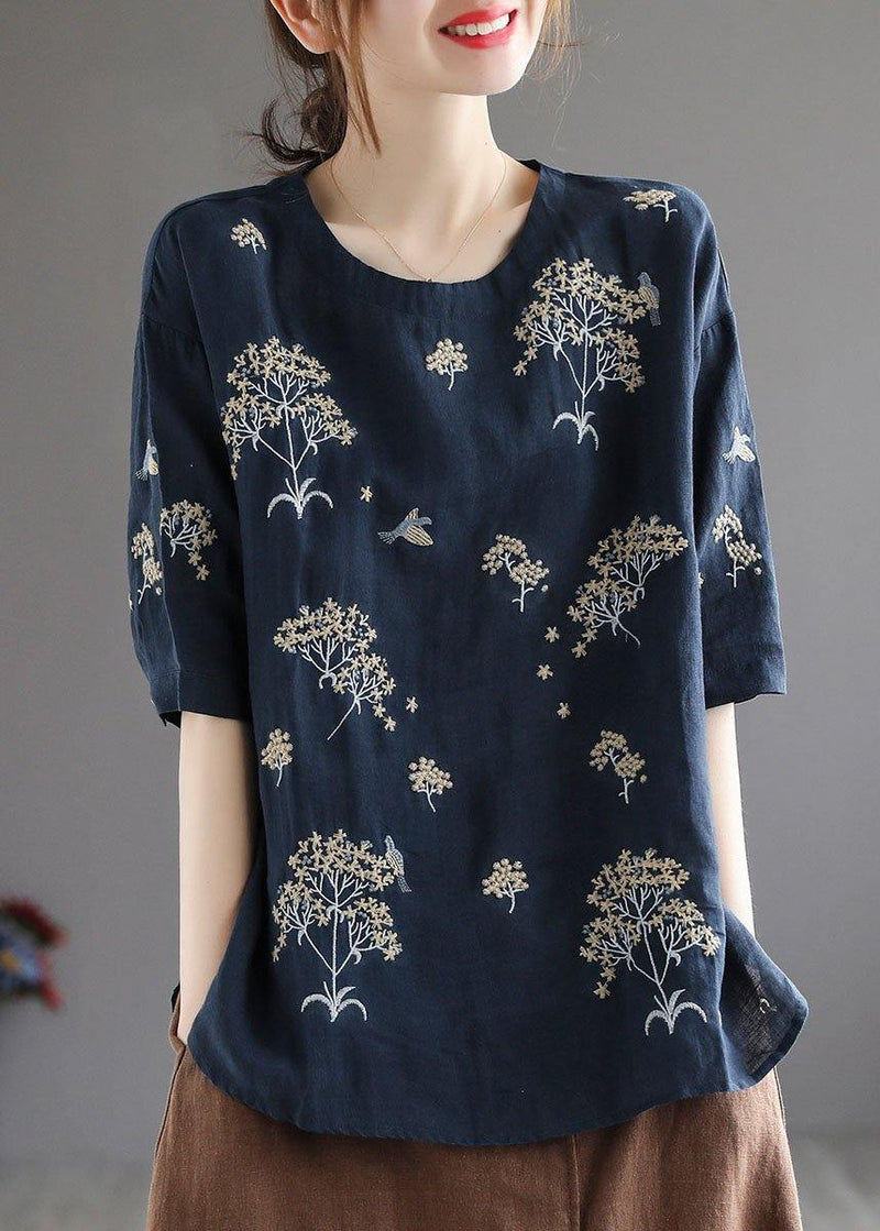 White O-neck Embroidered Summer Linen Tops Half Sleeve
