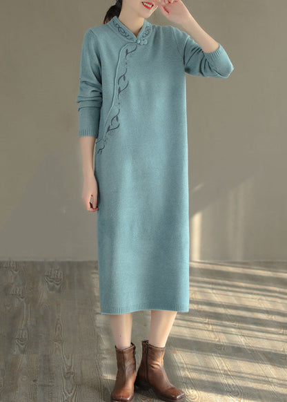 Blue Oriental Long Knit Dress Embroidered Side Open Winter