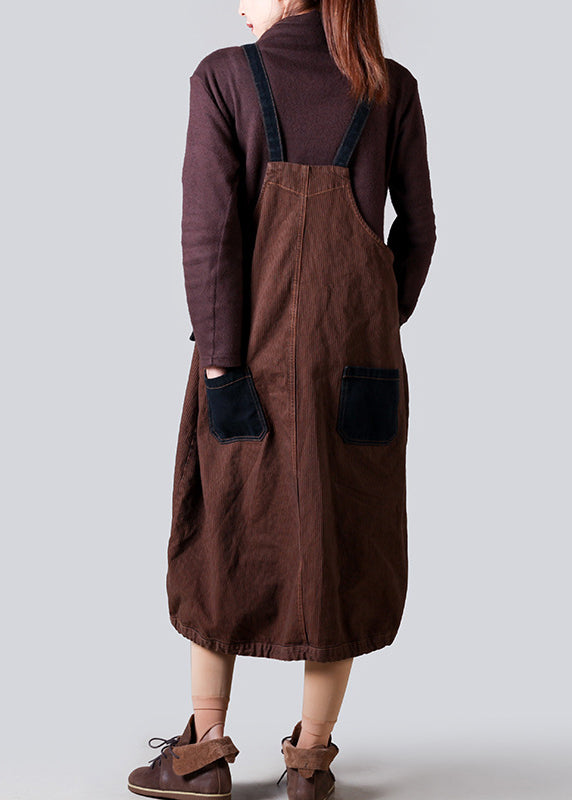 Brown Pockets Drawstring Denim Strap Dresses Fall