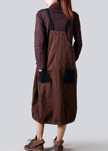Brown Pockets Drawstring Denim Strap Dresses Fall