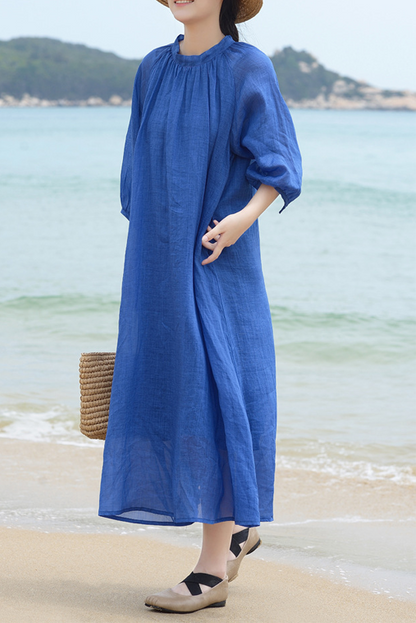 Summer Klein Blue Ramie Dress Loose Balloon Sleeve Long Dress