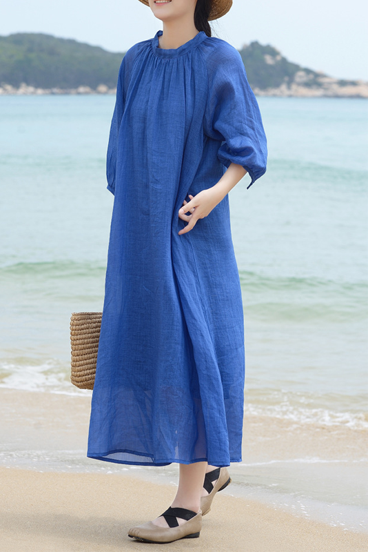 Summer Klein Blue Ramie Dress Loose Balloon Sleeve Long Dress