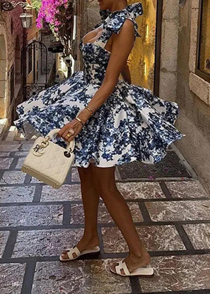 Stylish Blue Lace Up Print Wrinkled Cotton Mid Dresses Summer
