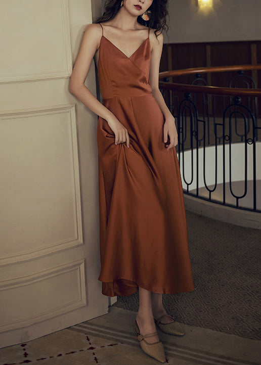 Stylish Caramel Backless Silk Spaghetti Strap Dress Summer