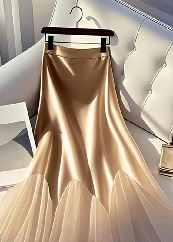 Italian Champagne Tulle Patchwork Silk a Line Skirt Summer