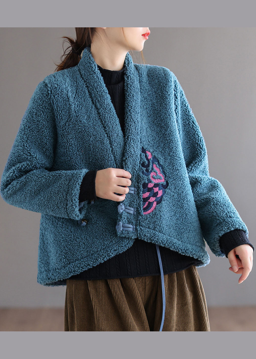 Unique Blue Button V Neck Embroidered Faux Fur Coats Spring