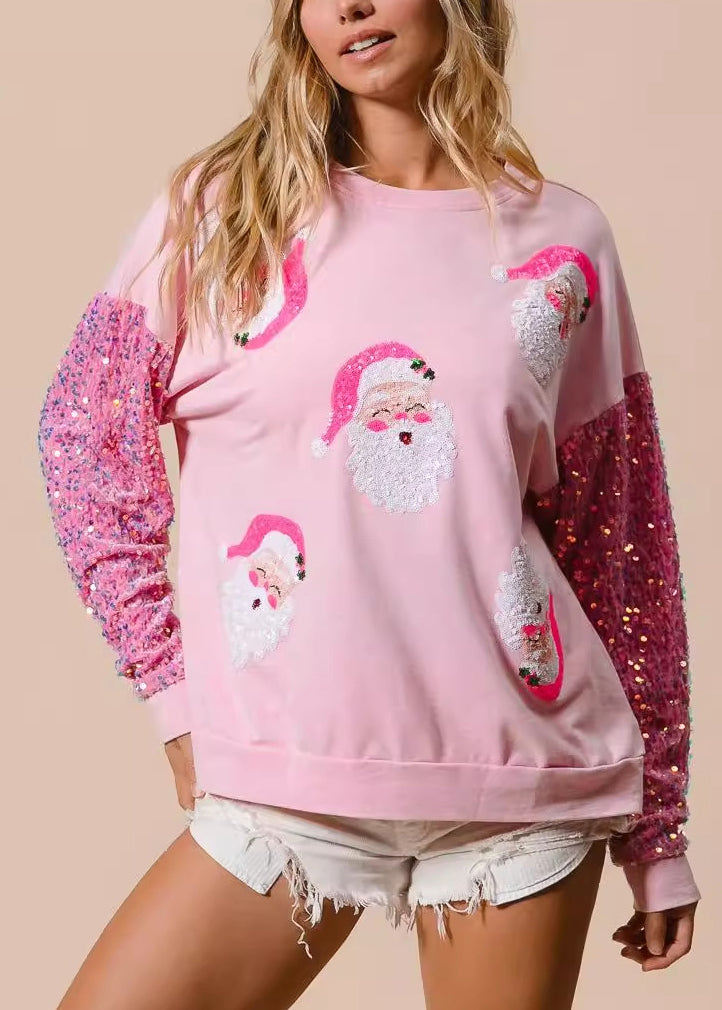 New Pink Sequin Spliced Christmas Long Sleeved Sweatshirt