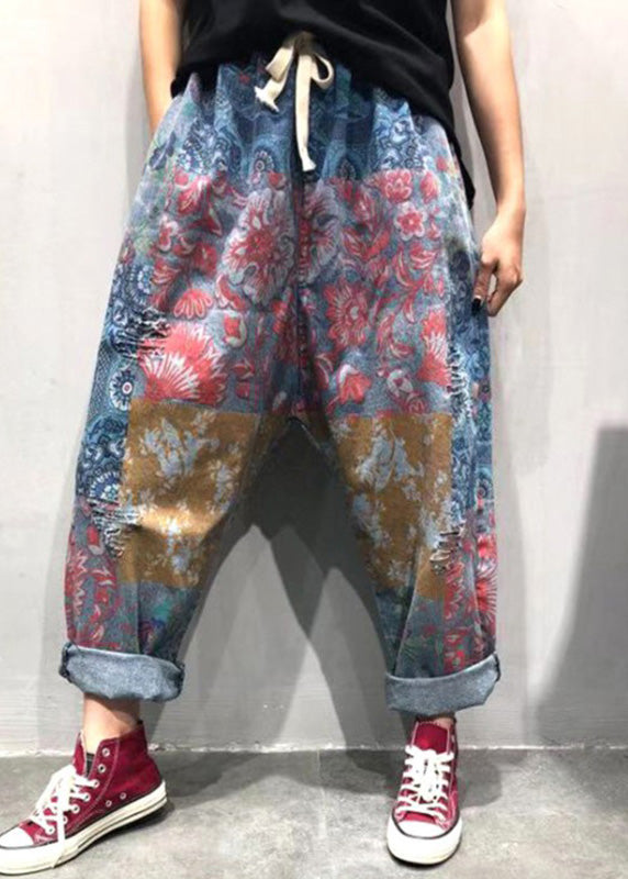 Blue Print Tie Waist Ripped Wide Leg Pants Summer