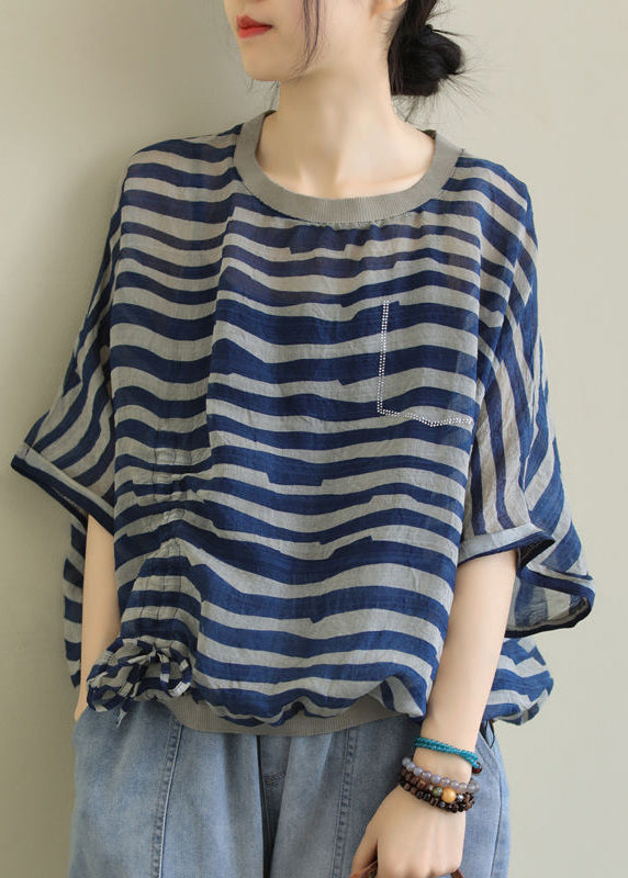 Style Blue O-neck Drawstring Striped Print Linen Tank Top Batwing Sleeve
