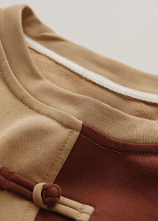 Khaki O-neck Patchwork Cotton Sweatshirts Spring